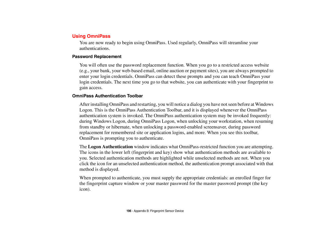 Fujitsu E8410 manual Using OmniPass, Password Replacement, OmniPass Authentication Toolbar 