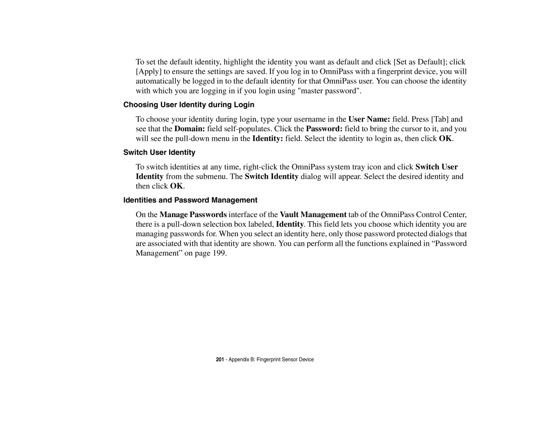 Fujitsu E8410 manual Choosing User Identity during Login, Switch User Identity, Identities and Password Management 