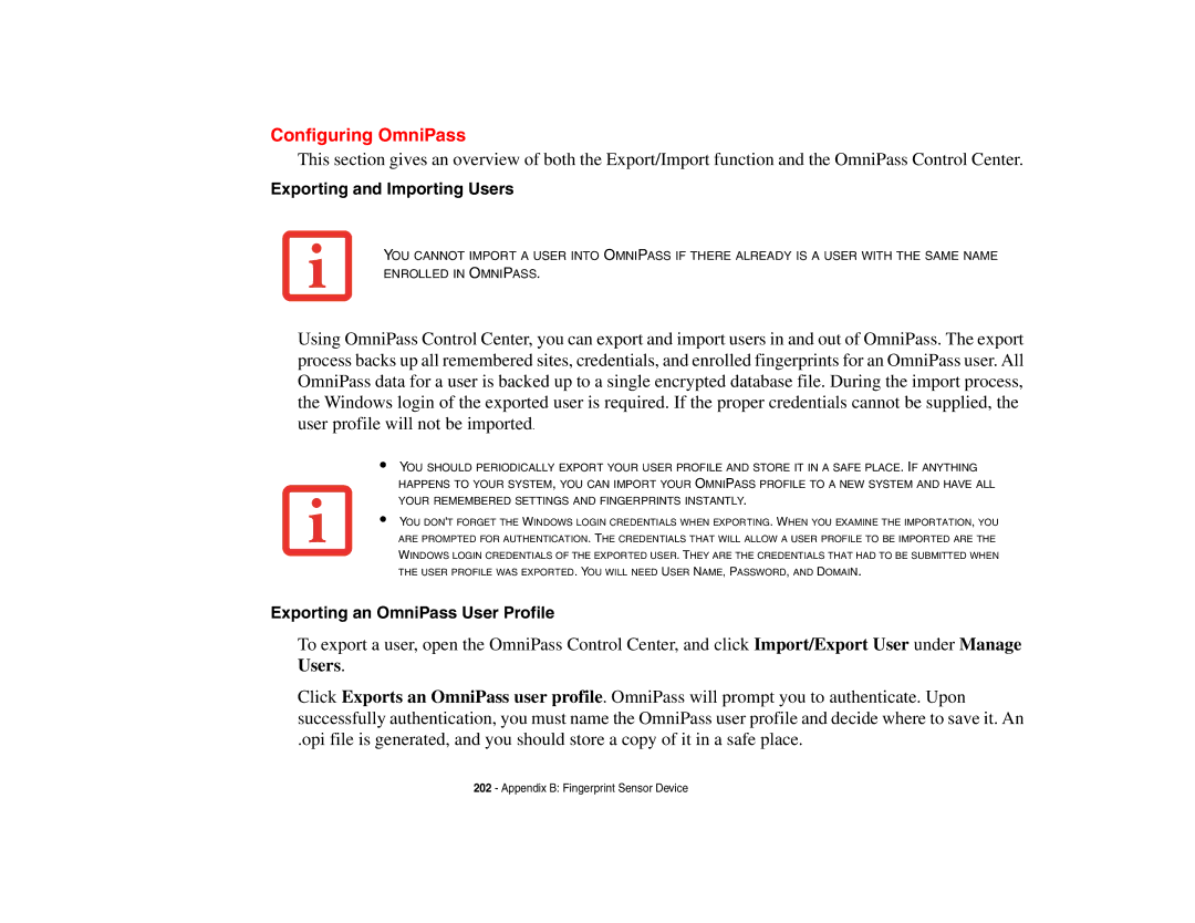 Fujitsu E8410 manual Configuring OmniPass, Exporting and Importing Users, Exporting an OmniPass User Profile 