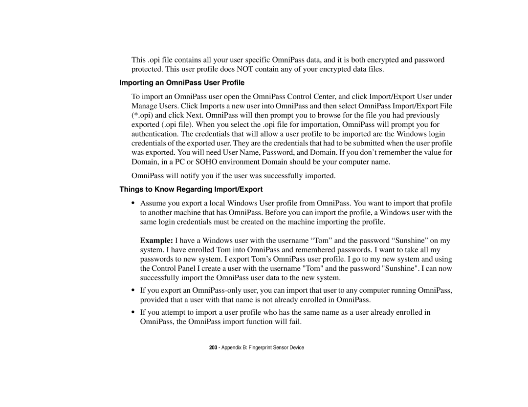 Fujitsu E8410 manual Importing an OmniPass User Profile, Things to Know Regarding Import/Export 