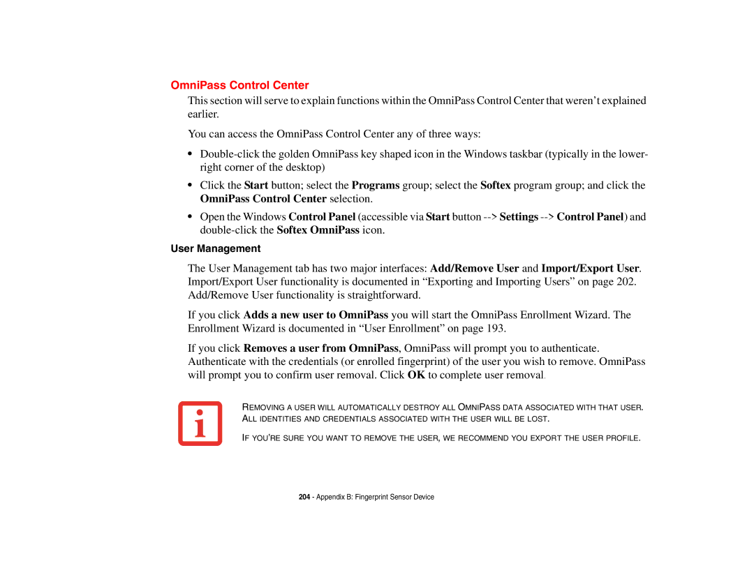 Fujitsu E8410 manual OmniPass Control Center, User Management 