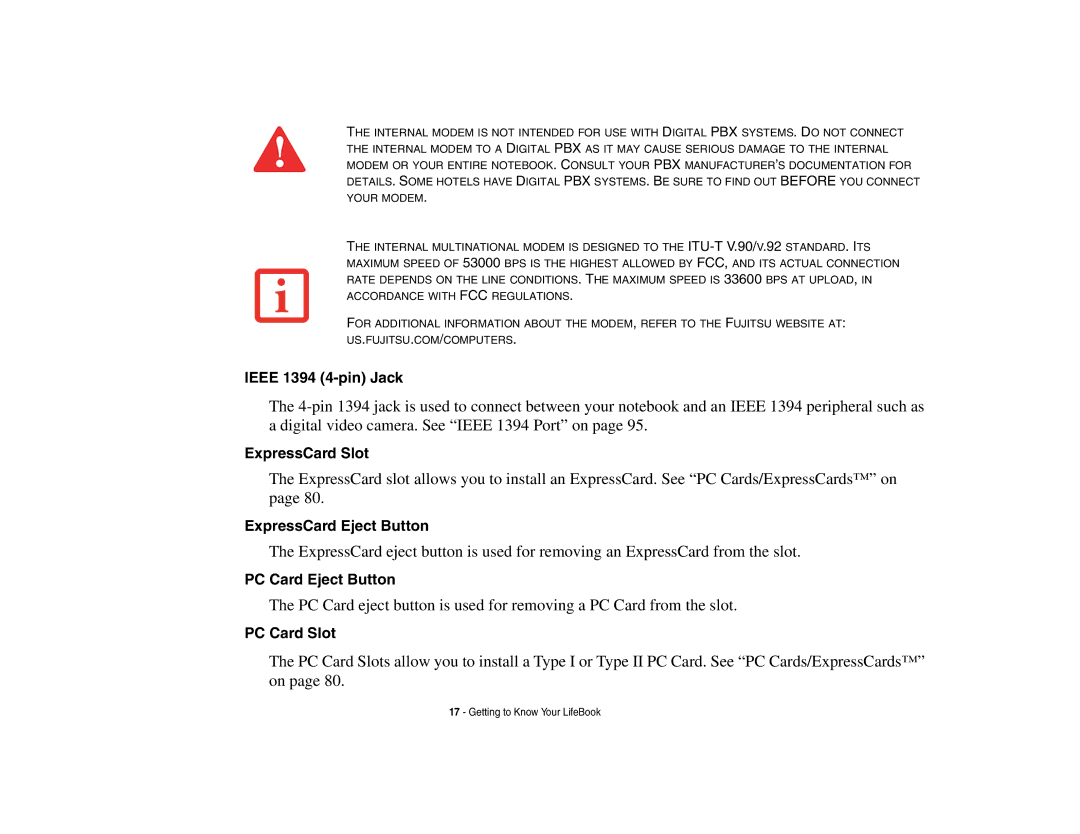 Fujitsu E8410 manual Ieee 1394 4-pin Jack, ExpressCard Slot, ExpressCard Eject Button, PC Card Eject Button, PC Card Slot 