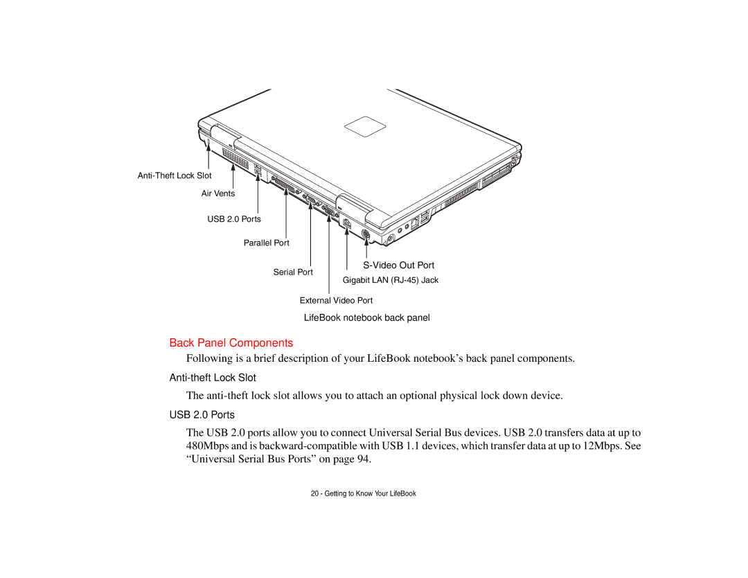 Fujitsu E8410 manual Back Panel Components, LifeBook notebook back panel 