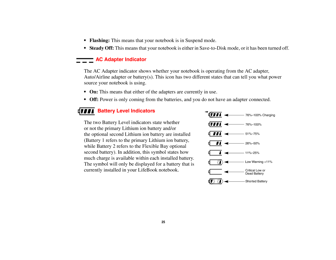 Fujitsu E8410 manual AC Adapter Indicator, Battery Level Indicators 