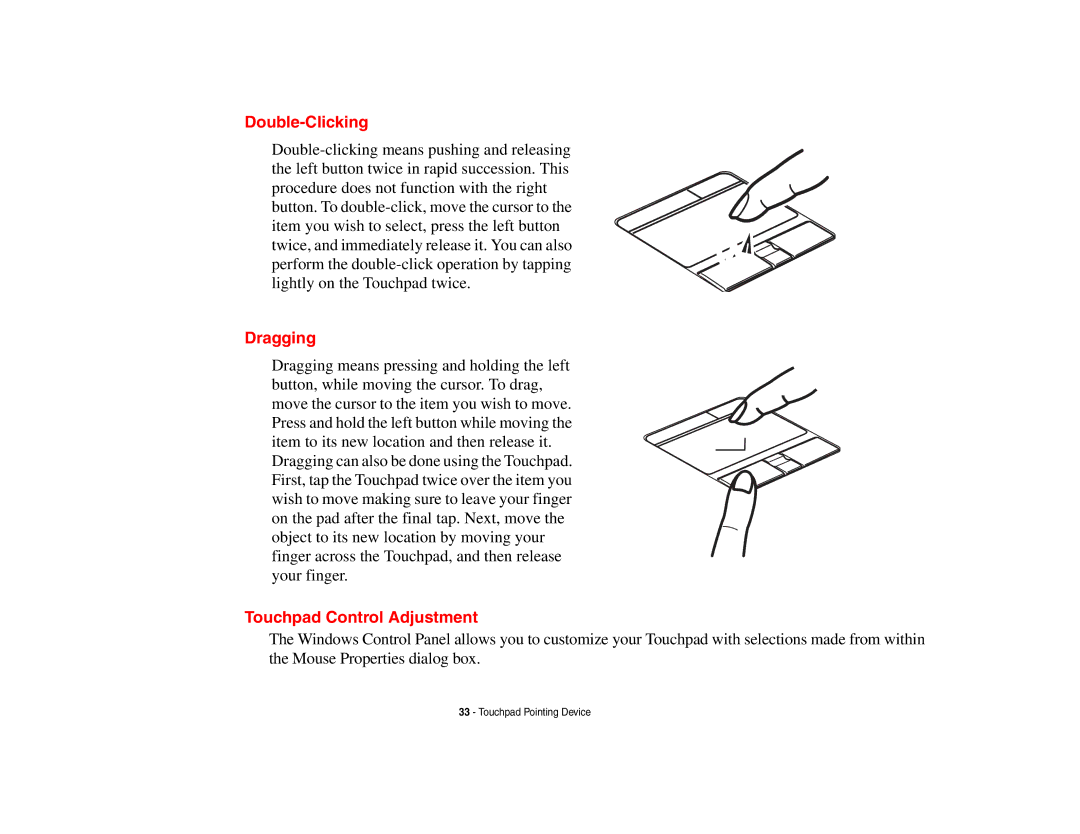 Fujitsu E8410 manual Double-Clicking, Dragging, Touchpad Control Adjustment 