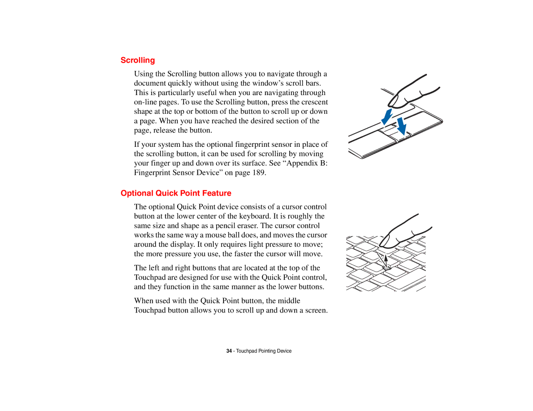 Fujitsu E8410 manual Scrolling, Optional Quick Point Feature 