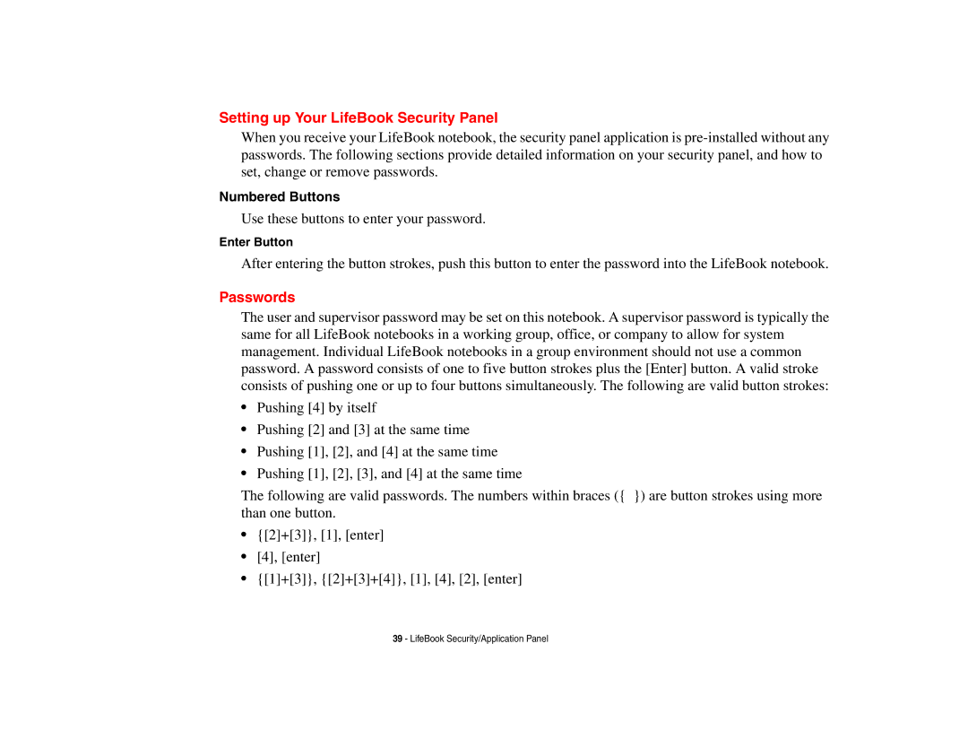 Fujitsu E8410 manual Setting up Your LifeBook Security Panel, Passwords, Numbered Buttons, Enter Button 