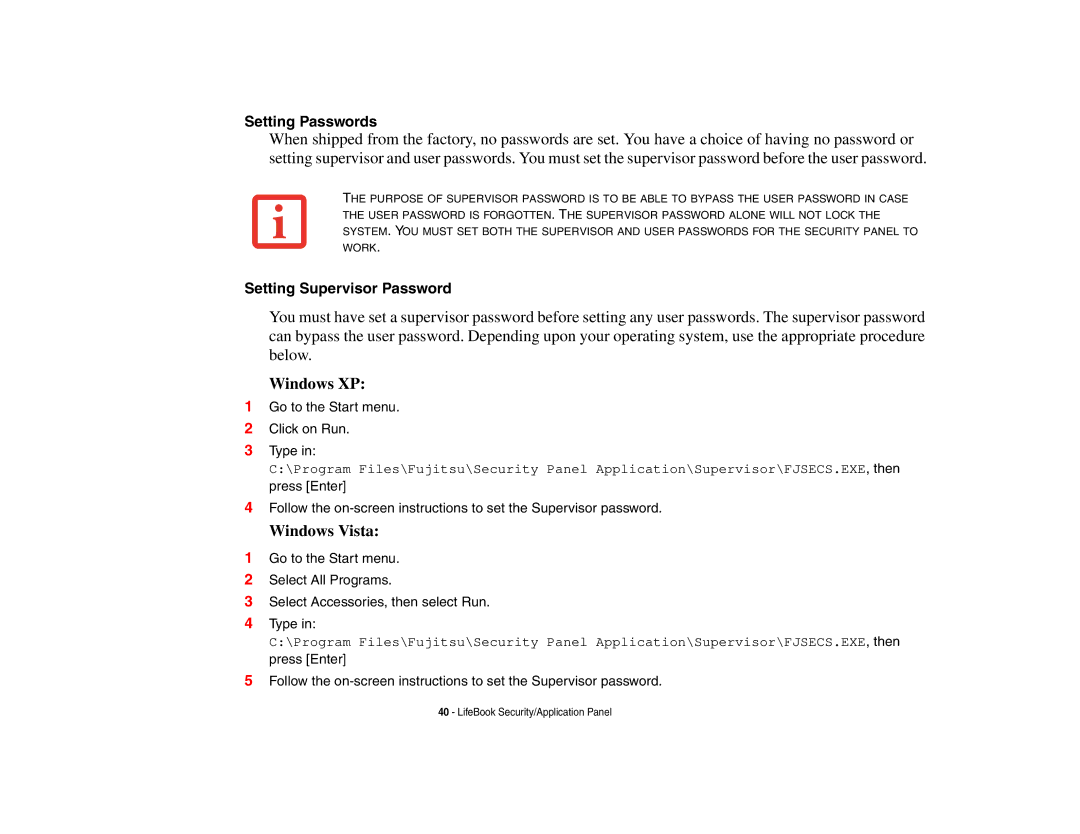 Fujitsu E8410 manual Setting Passwords, Setting Supervisor Password 