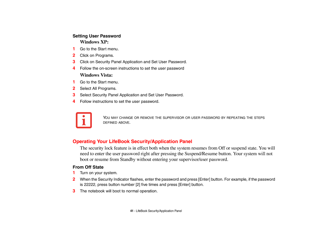 Fujitsu E8410 manual Operating Your LifeBook Security/Application Panel, Setting User Password, From Off State 