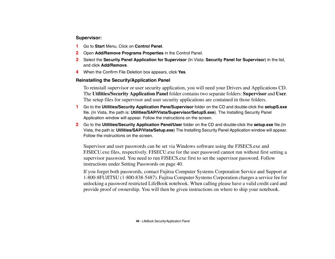 Fujitsu E8410 manual Supervisor, Reinstalling the Security/Application Panel 