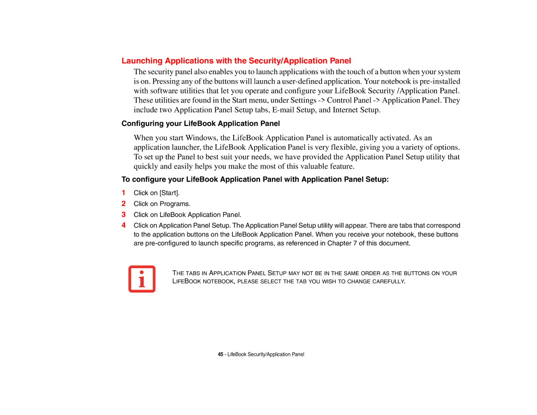 Fujitsu E8410 Launching Applications with the Security/Application Panel, Configuring your LifeBook Application Panel 