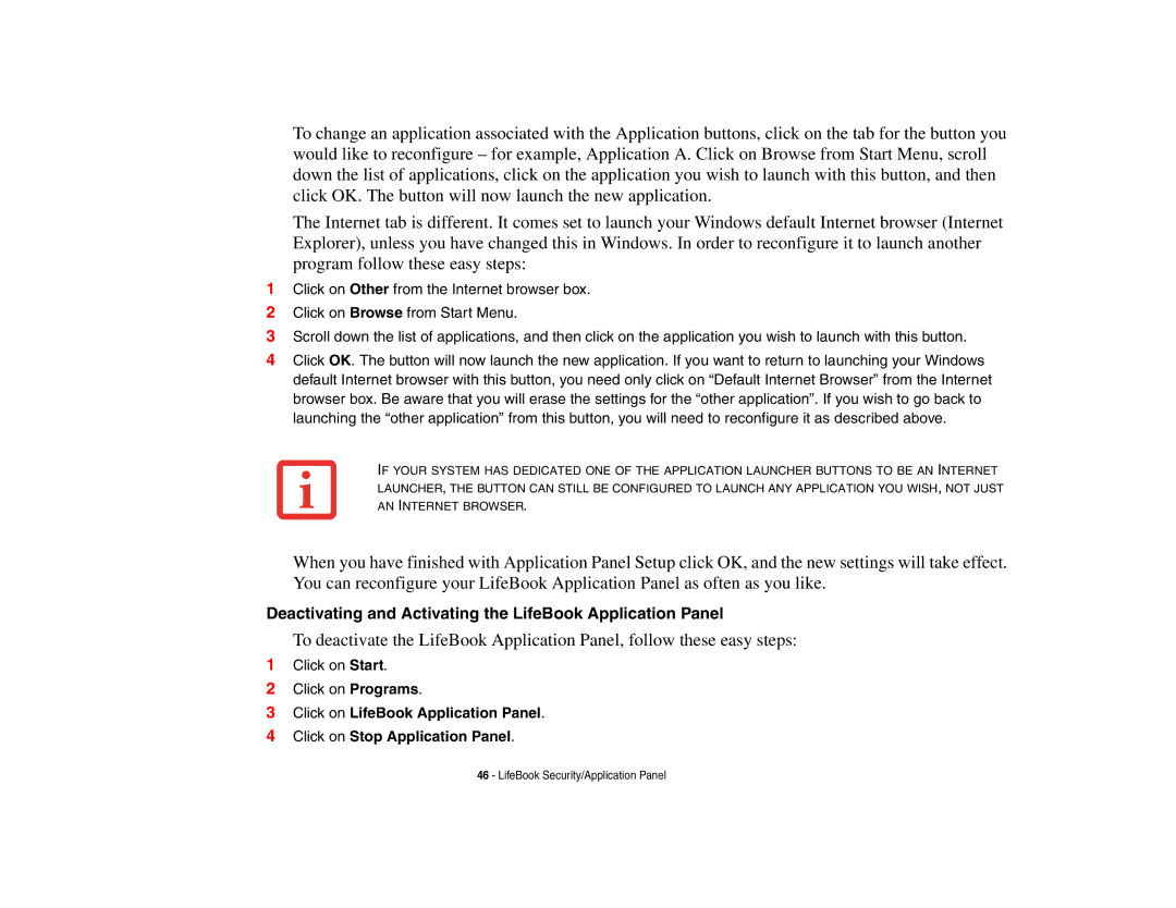 Fujitsu E8410 manual Deactivating and Activating the LifeBook Application Panel 