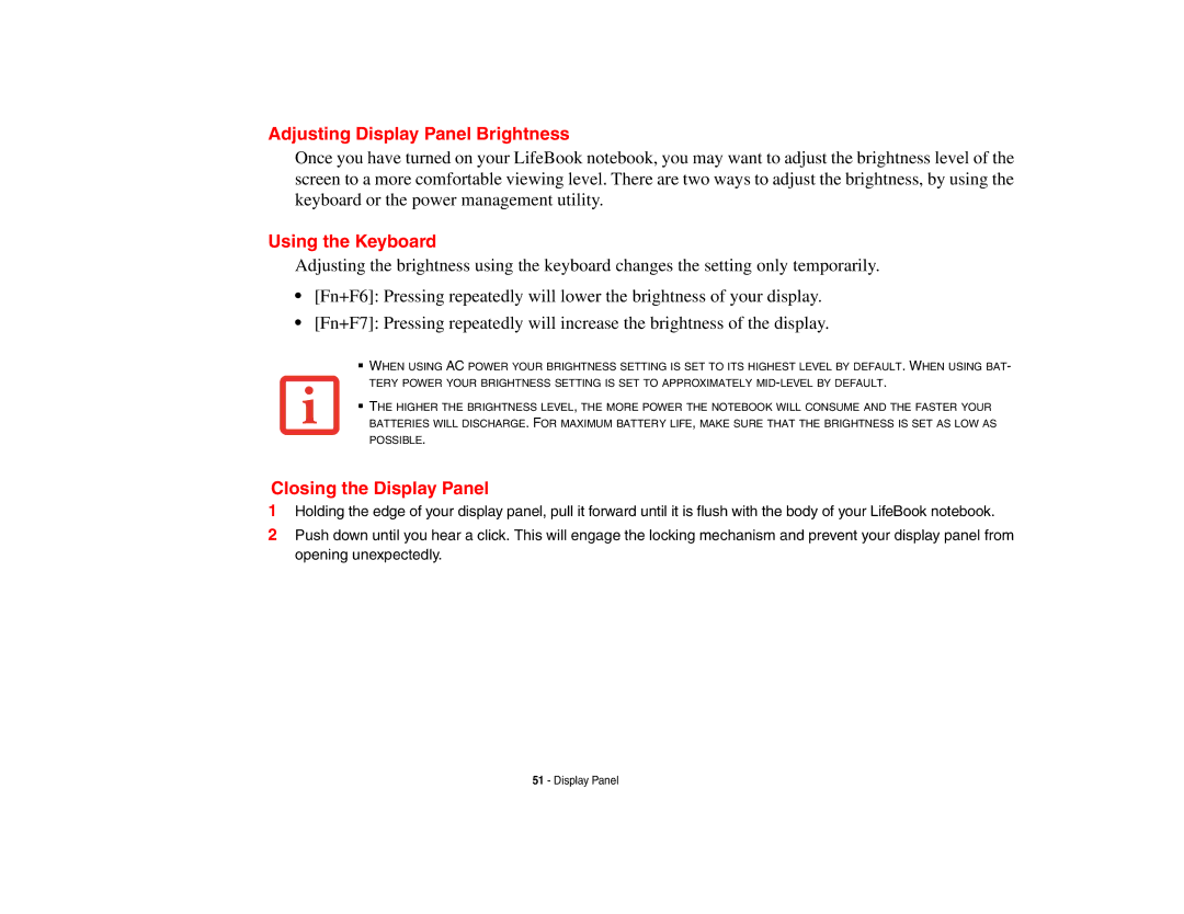 Fujitsu E8410 manual Adjusting Display Panel Brightness, Closing the Display Panel 