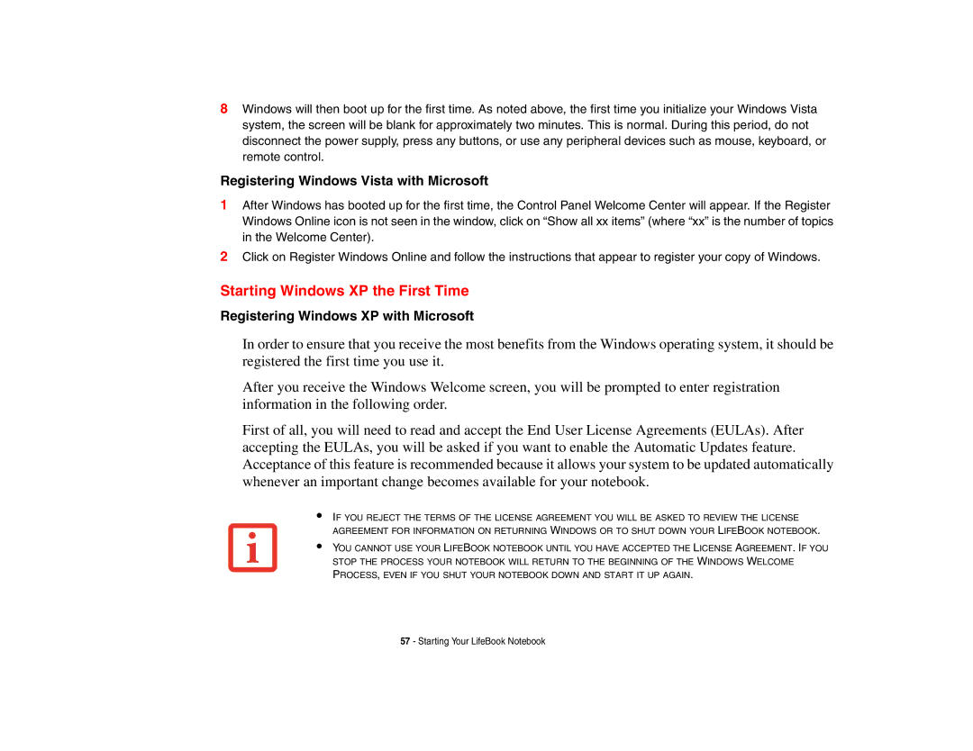 Fujitsu E8410 manual Starting Windows XP the First Time, Registering Windows Vista with Microsoft 