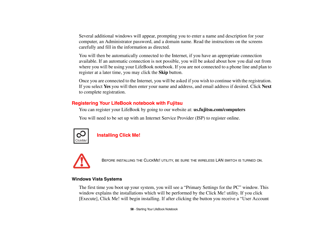 Fujitsu E8410 manual Registering Your LifeBook notebook with Fujitsu, Installing Click Me, Windows Vista Systems 