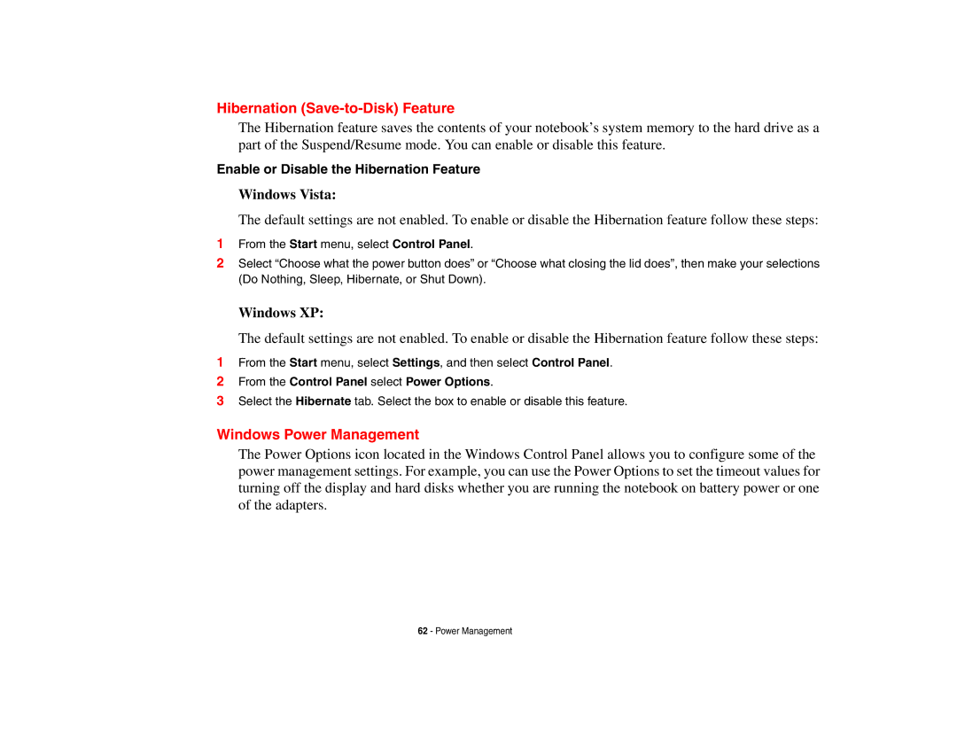 Fujitsu E8410 manual Hibernation Save-to-Disk Feature, Windows Power Management, Enable or Disable the Hibernation Feature 