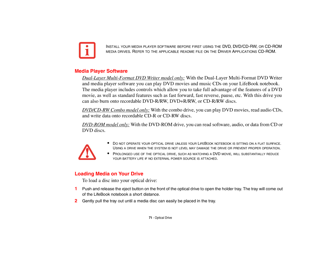 Fujitsu E8410 manual Media Player Software, Loading Media on Your Drive 