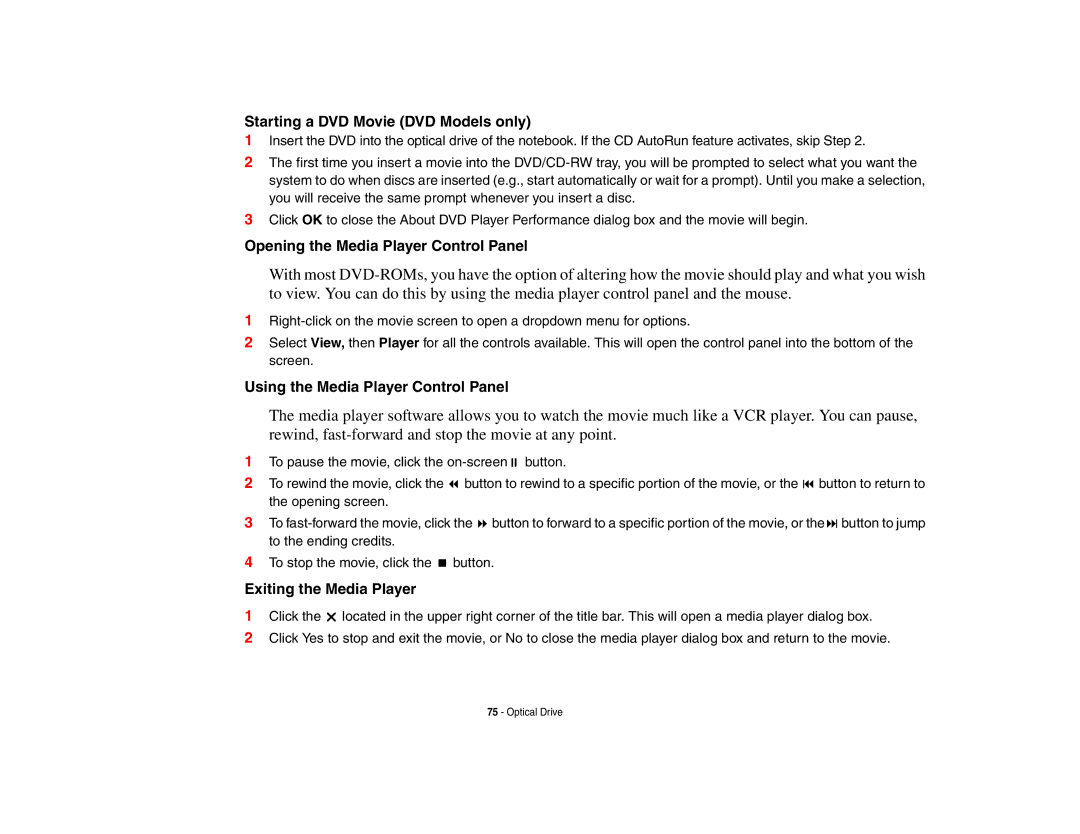Fujitsu E8410 manual Starting a DVD Movie DVD Models only, Opening the Media Player Control Panel, Exiting the Media Player 