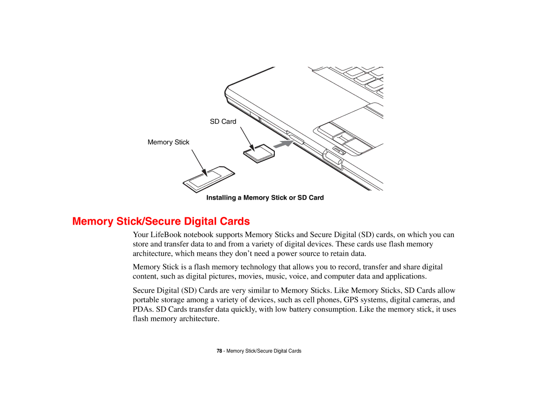 Fujitsu E8410 manual Memory Stick/Secure Digital Cards, Installing a Memory Stick or SD Card 