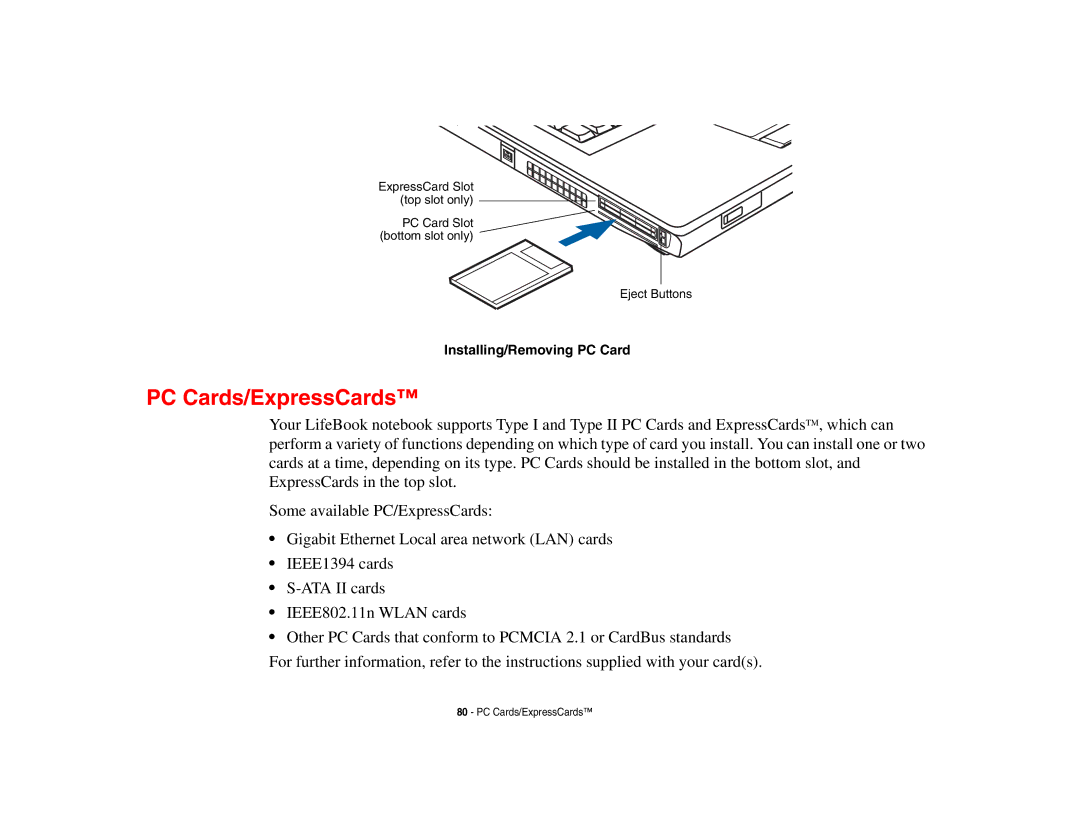 Fujitsu E8410 manual PC Cards/ExpressCards, Installing/Removing PC Card 