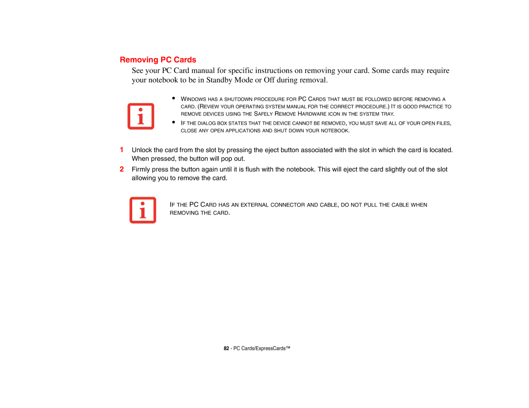 Fujitsu E8410 manual Removing PC Cards 