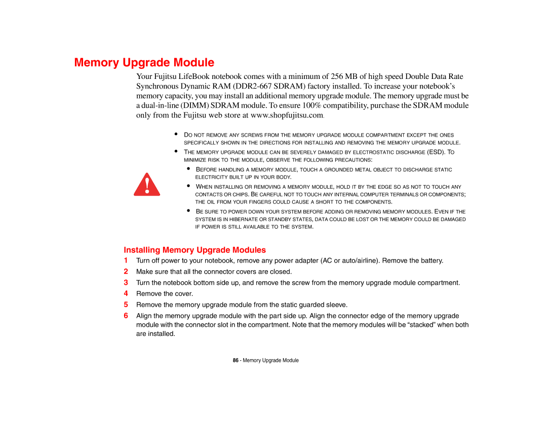 Fujitsu E8410 manual Installing Memory Upgrade Modules 