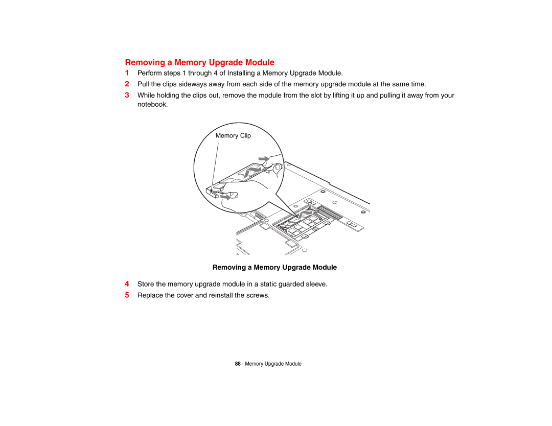 Fujitsu E8410 manual Removing a Memory Upgrade Module 