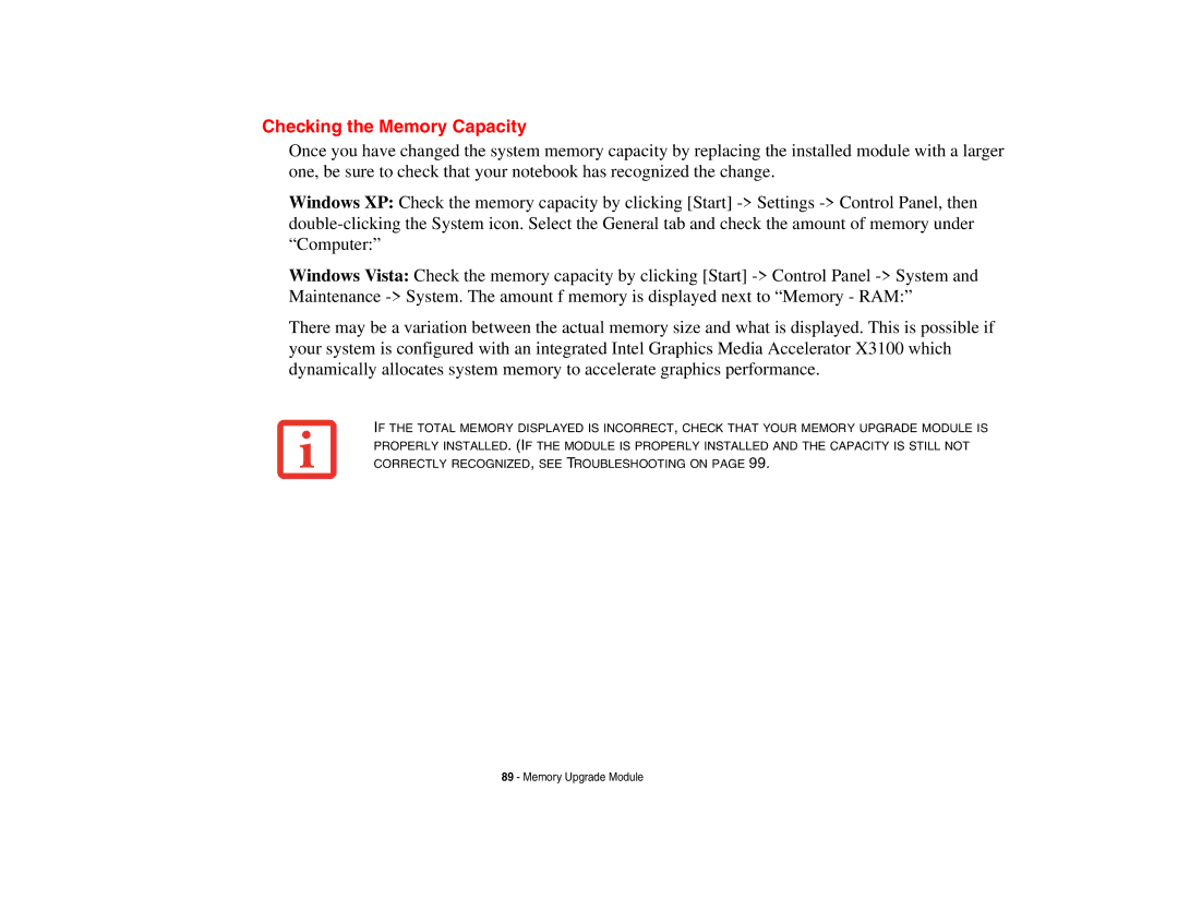 Fujitsu E8410 manual Checking the Memory Capacity 