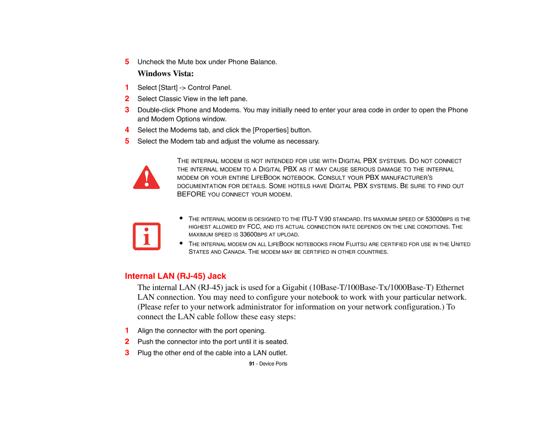 Fujitsu E8410 manual Internal LAN RJ-45 Jack 