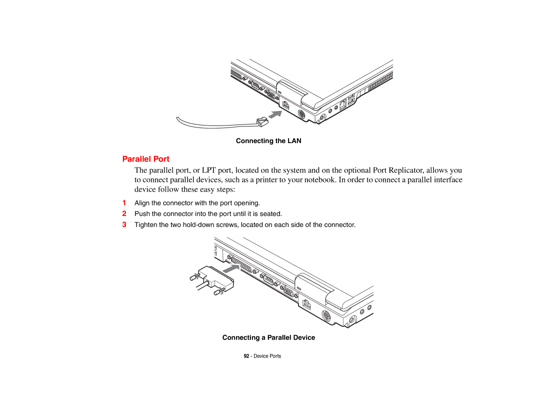 Fujitsu E8410 manual Parallel Port, Connecting the LAN, Connecting a Parallel Device 