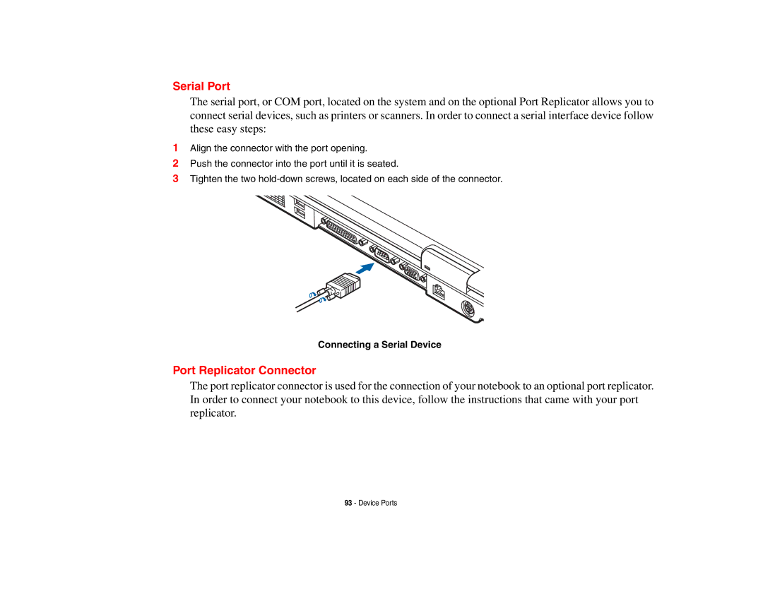 Fujitsu E8410 manual Serial Port, Port Replicator Connector, Connecting a Serial Device 