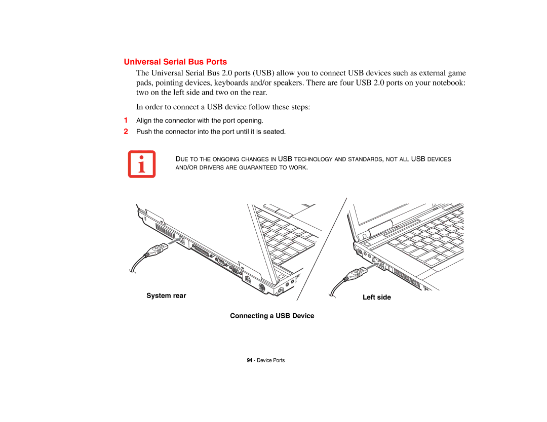 Fujitsu E8410 manual Universal Serial Bus Ports, System rear Left side Connecting a USB Device 