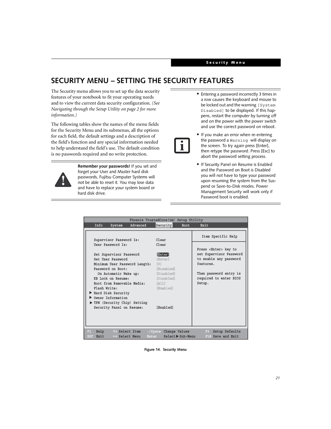 Fujitsu E8410 manual Security Menu Setting the Security Features, Boot Exit 