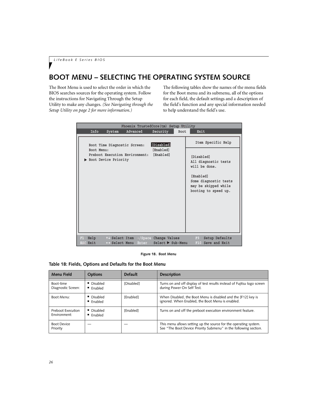 Fujitsu E8410 manual Boot Menu Selecting the Operating System Source, Fields, Options and Defaults for the Boot Menu 