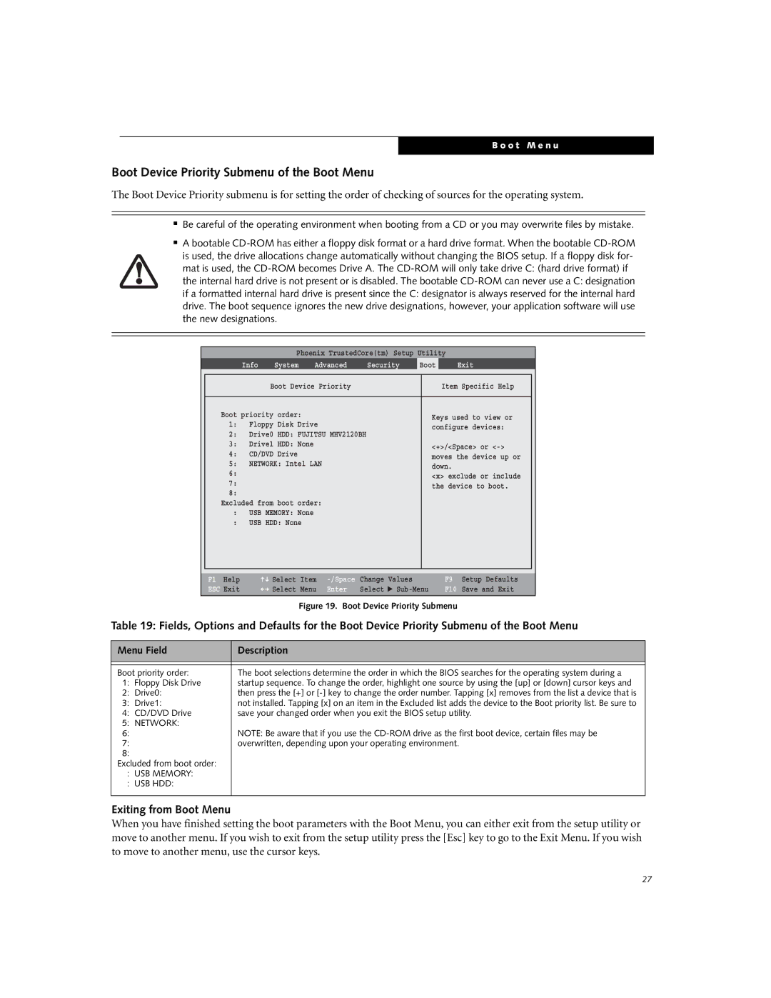 Fujitsu E8410 Boot Device Priority Submenu of the Boot Menu, Exiting from Boot Menu, Drive0, Excluded from boot order 