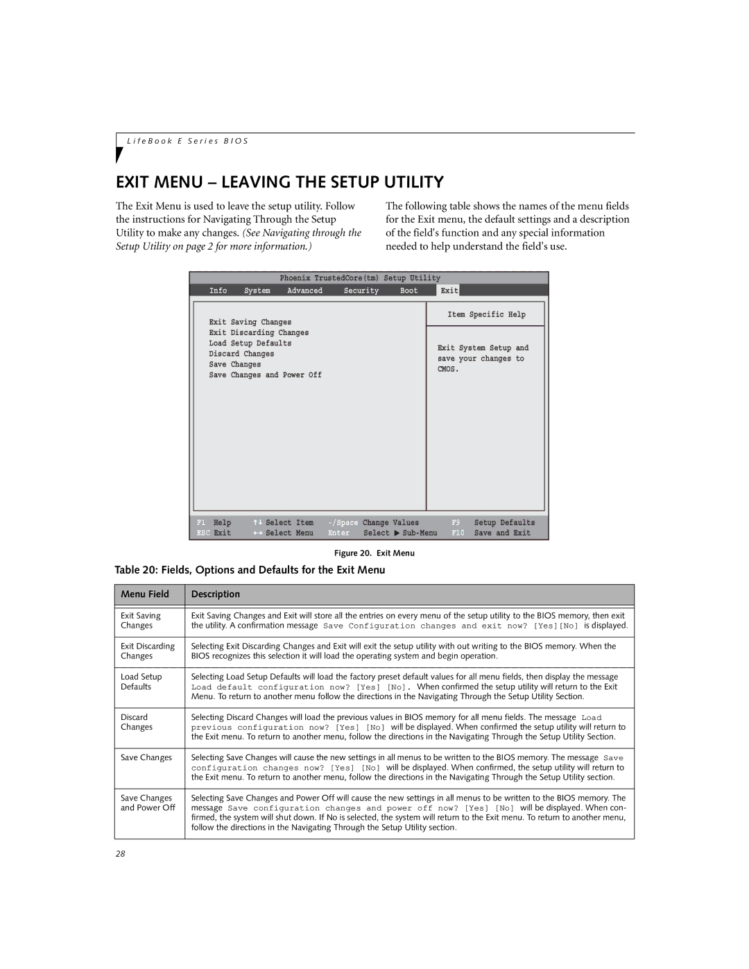 Fujitsu E8410 Exit Menu Leaving the Setup Utility, Fields, Options and Defaults for the Exit Menu, Exit Saving, Changes 