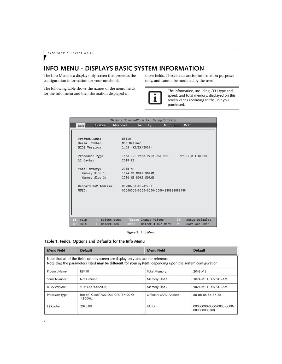 Fujitsu E8410 Info Menu Displays Basic System Information, Fields, Options and Defaults for the Info Menu, 888888888788 