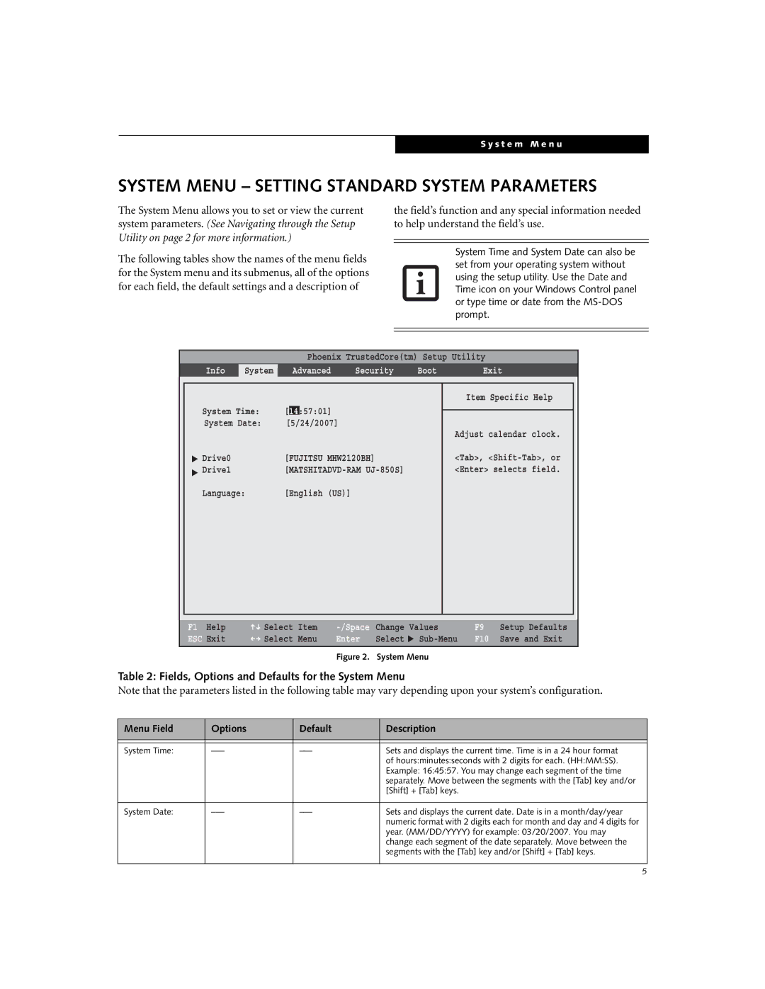 Fujitsu E8410 manual System Menu Setting Standard System Parameters, Fields, Options and Defaults for the System Menu 