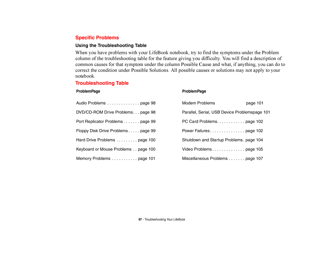 Fujitsu E8420 manual Specific Problems, Using the Troubleshooting Table 