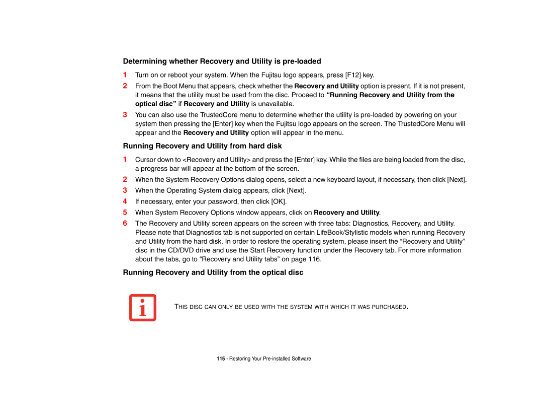 Fujitsu E8420 manual Determining whether Recovery and Utility is pre-loaded, Running Recovery and Utility from hard disk 