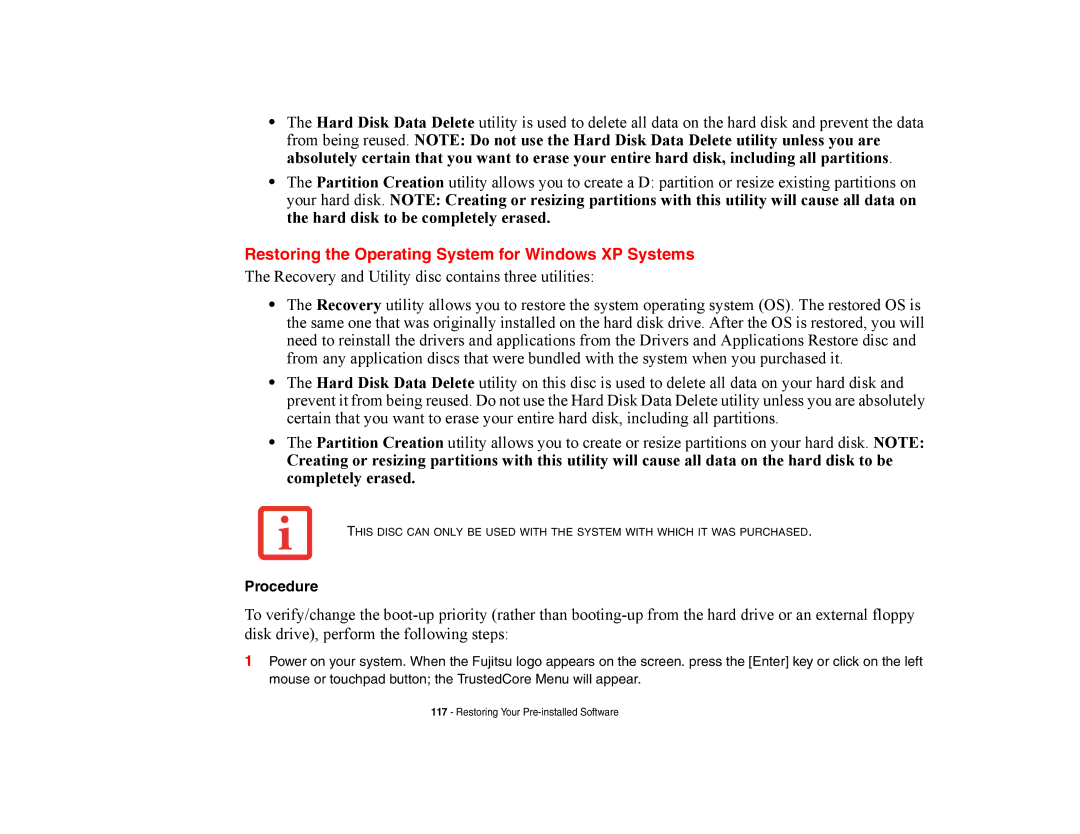 Fujitsu E8420 manual Restoring the Operating System for Windows XP Systems 