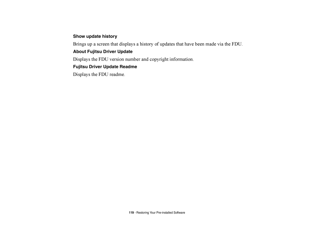 Fujitsu E8420 manual Show update history, About Fujitsu Driver Update, Fujitsu Driver Update Readme 