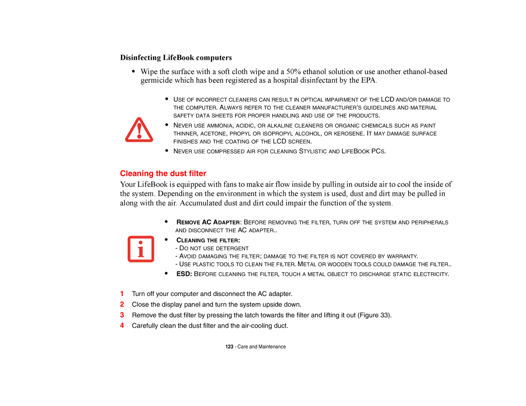 Fujitsu E8420 manual Disinfecting LifeBook computers, Cleaning the dust filter 
