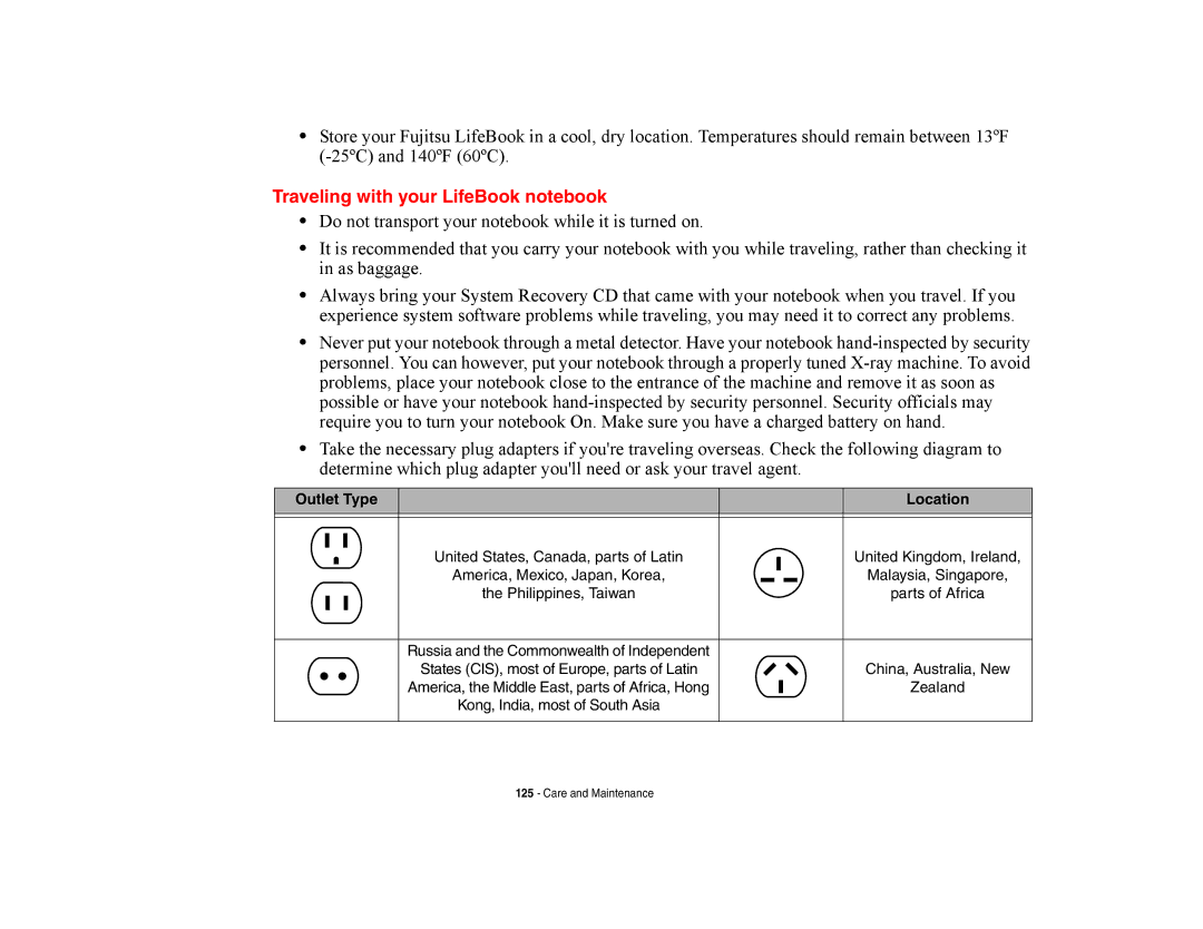 Fujitsu E8420 manual Traveling with your LifeBook notebook, Outlet Type Location 