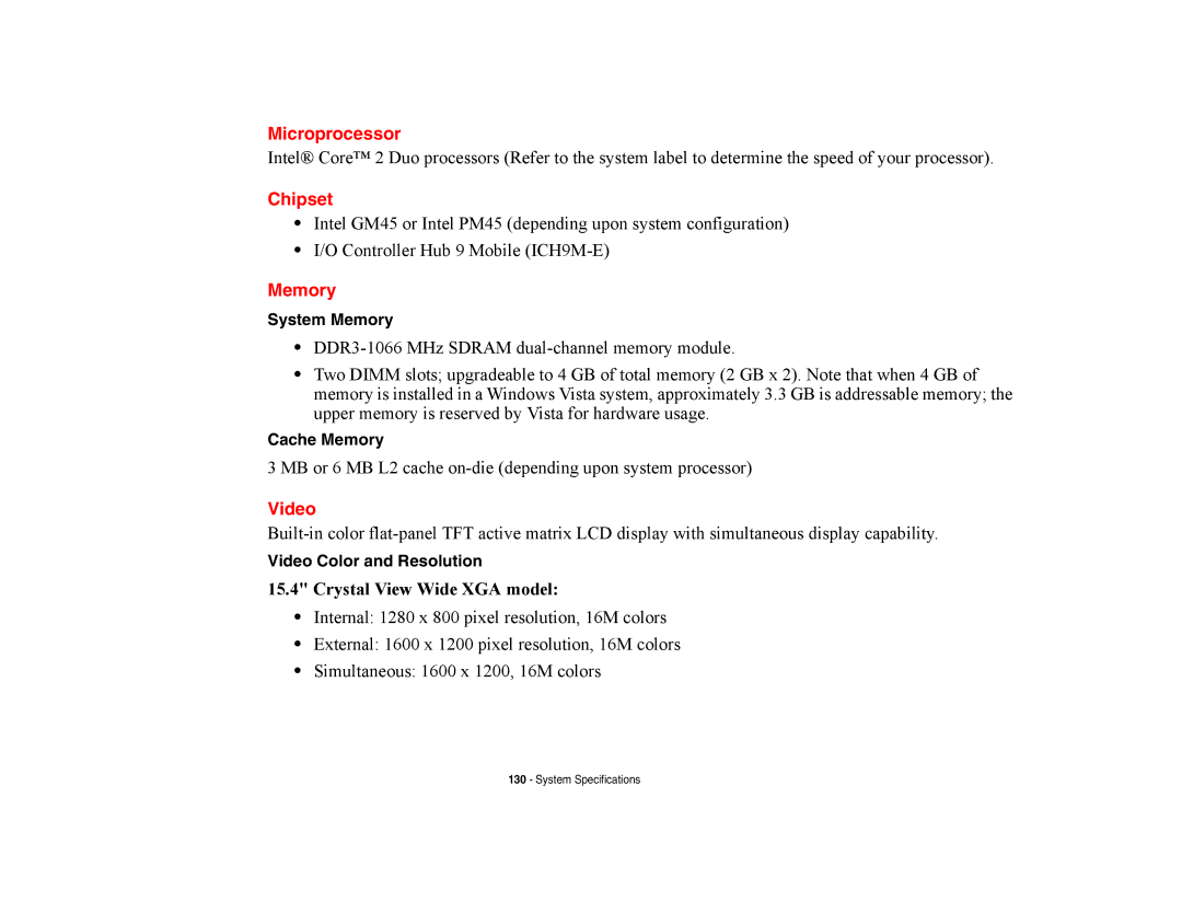 Fujitsu E8420 manual Microprocessor, Chipset, Memory, Video 