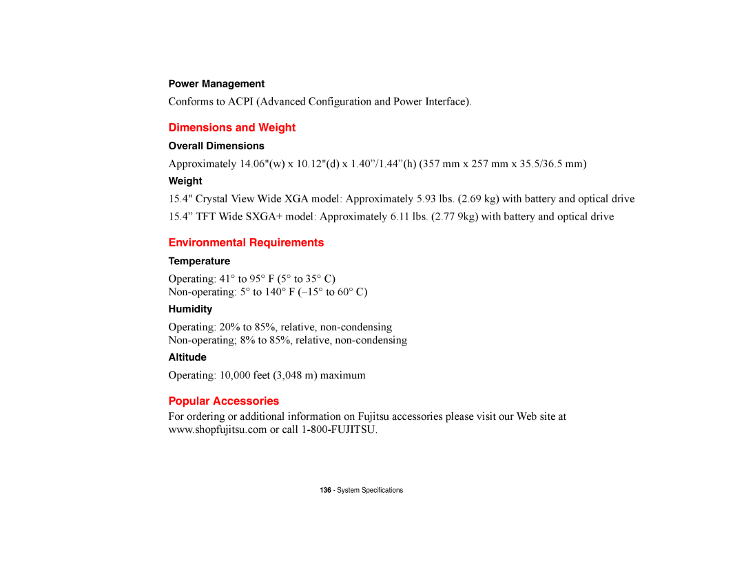 Fujitsu E8420 manual Dimensions and Weight, Environmental Requirements, Popular Accessories 