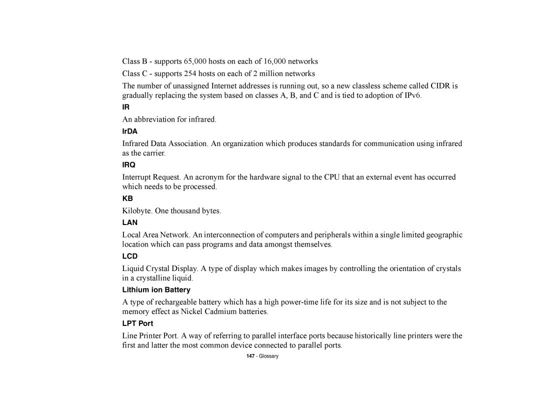 Fujitsu E8420 manual IrDA, Lithium ion Battery, LPT Port 