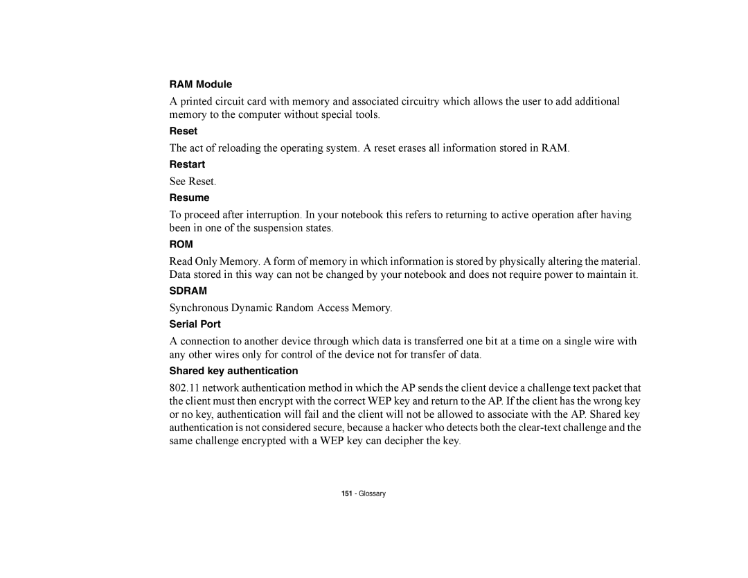 Fujitsu E8420 manual RAM Module, Reset, Restart, Resume, Shared key authentication 