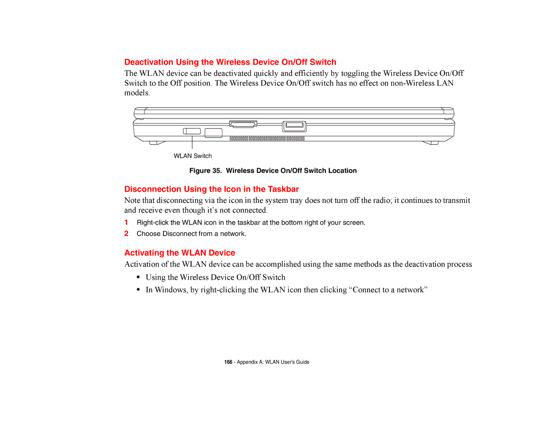 Fujitsu E8420 manual Deactivation Using the Wireless Device On/Off Switch, Disconnection Using the Icon in the Taskbar 