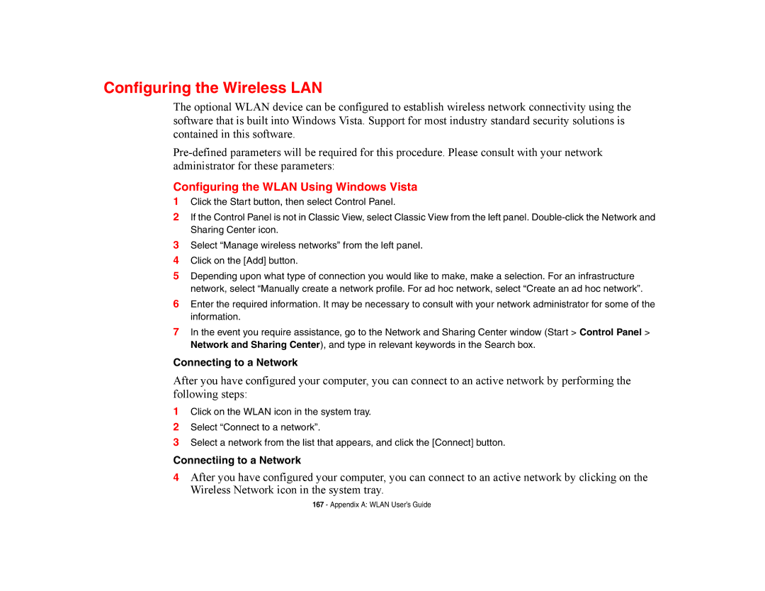 Fujitsu E8420 manual Configuring the Wireless LAN, Configuring the Wlan Using Windows Vista, Connecting to a Network 